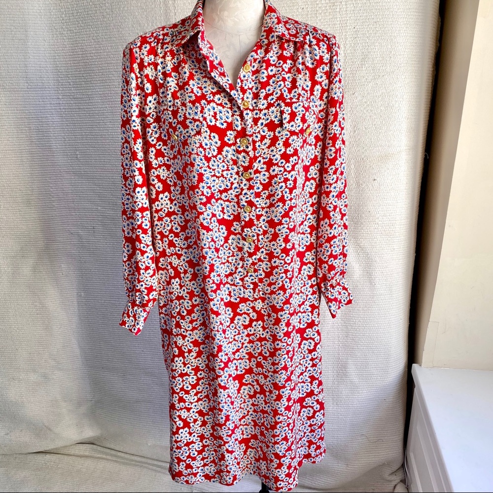 Vintage 90s S/M Daisy Print Secretary Dress Red July 4th - Picture 2 of 8